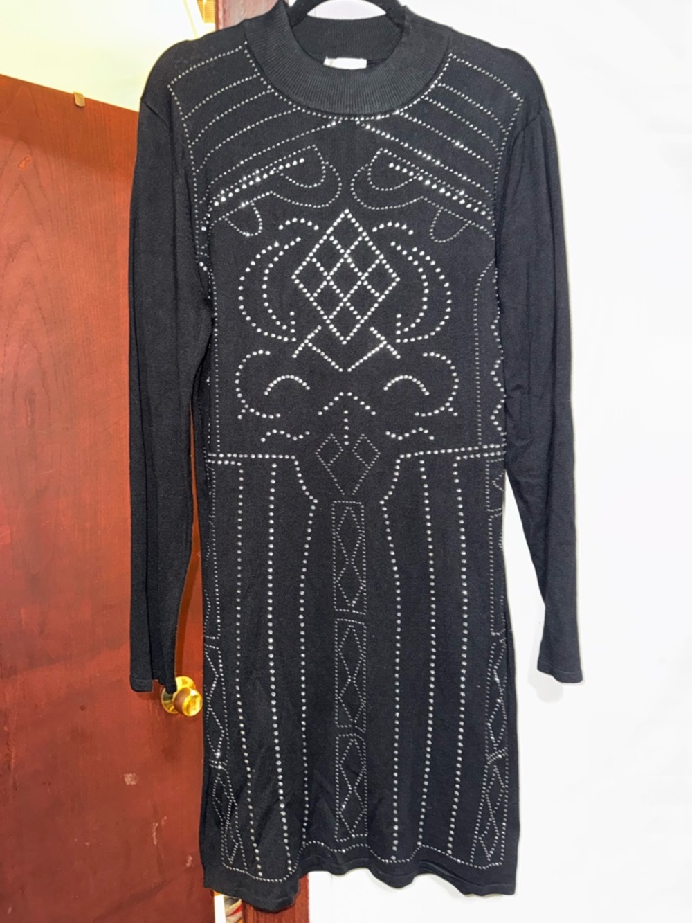 Black Studded Knit Long-Sleeve Dress